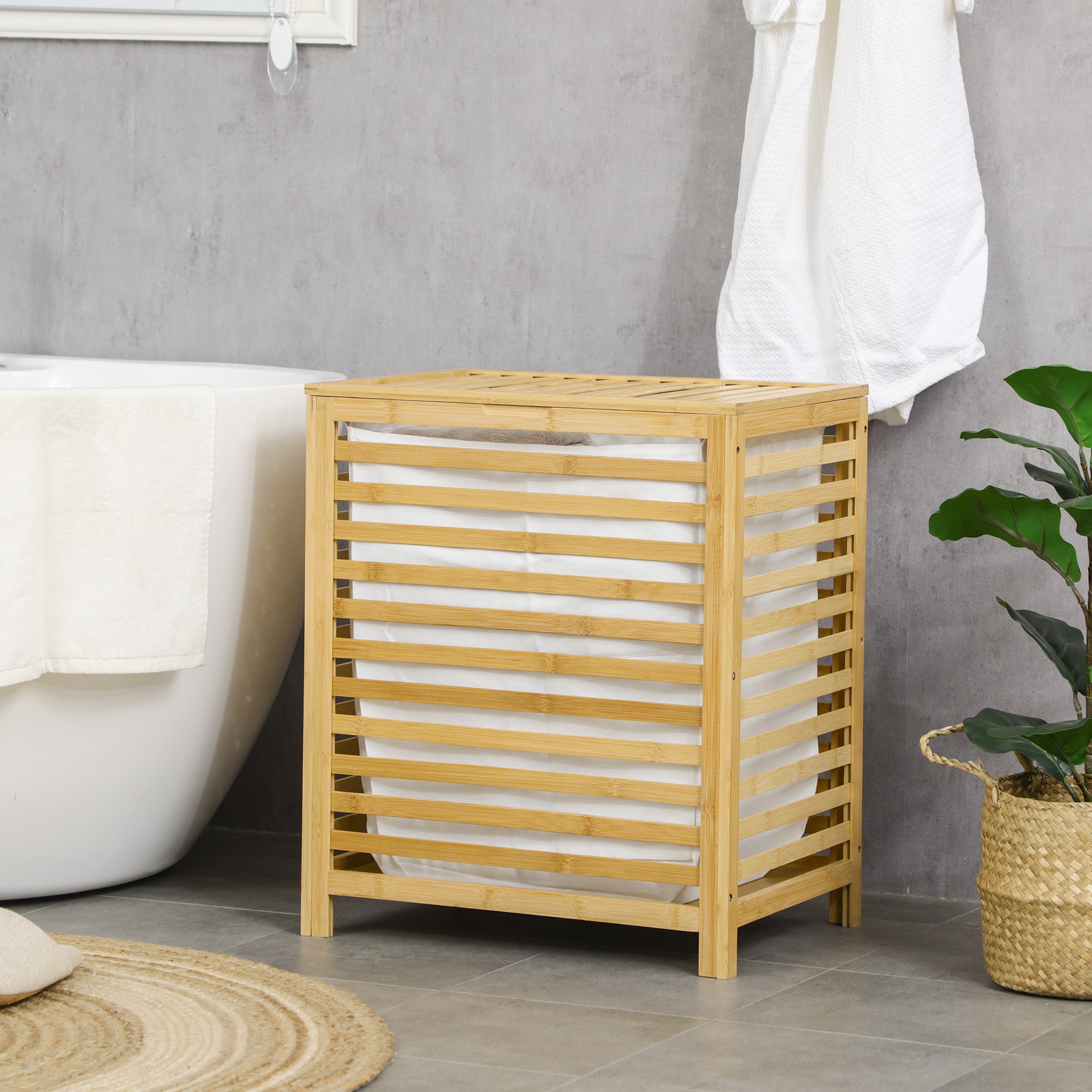 Bamboe wasmand met uitneembare polyester en katoenen zak en deksel - afm. 50L x 36B x 60H cm naturel