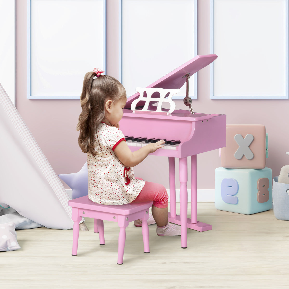 Kinder-Flügel aus Holz Kinderklavier 30 Tasten - inkl. Hocker und Notenständer - Musikinstrument - MDF rosa