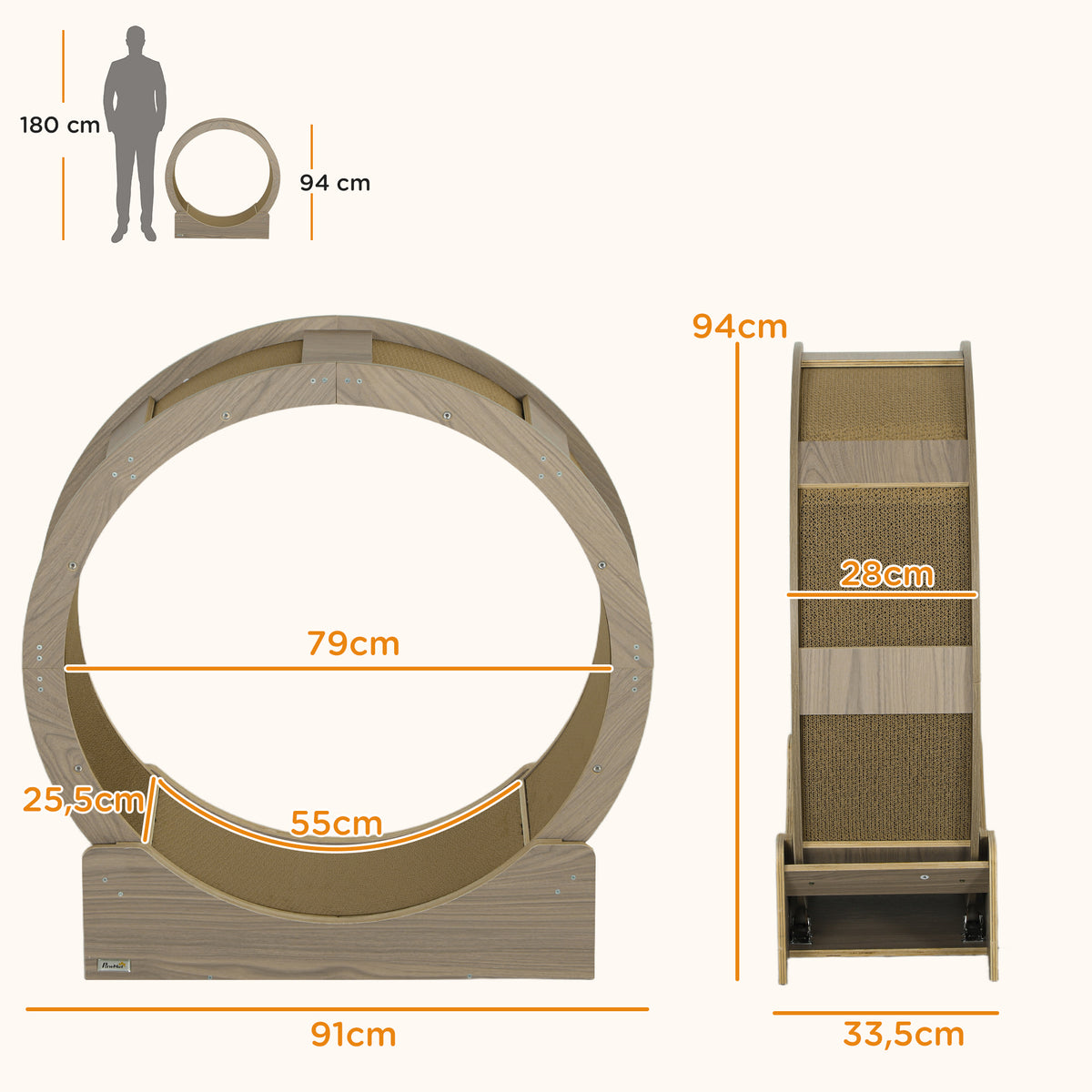 Roue d'exercice pour chat roue de course pour chat frein sécurisé et tapis de grattage amovible silencieux 91 cm marron