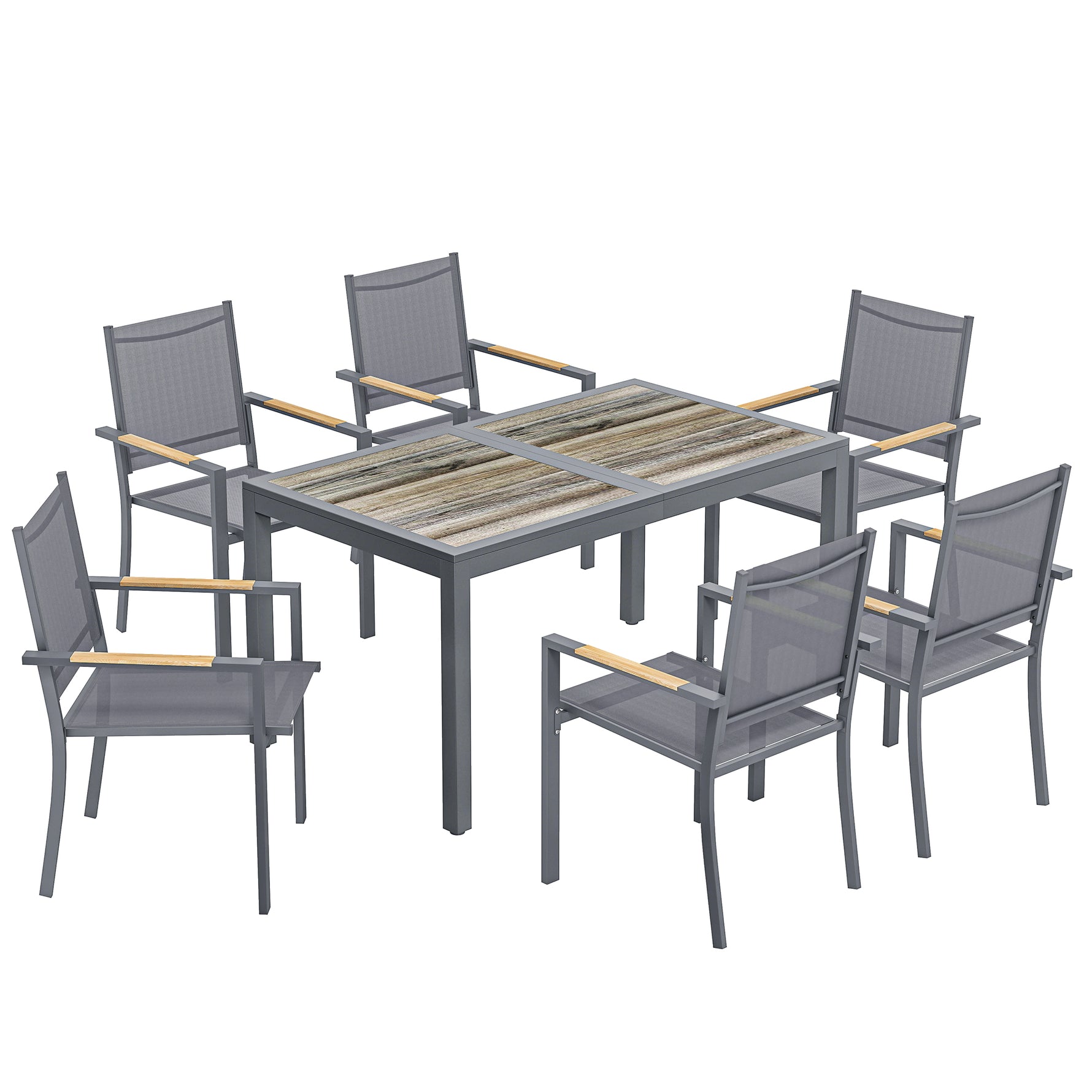 Salon de Jardin Ensemble Mobilier de Jardin 7 Pièces Table Effet Bois 6 Chaises Empilables en Textilène 140x80x72cm Gris