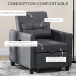 Fauteuil convertible 1 place 3 en 1 dossier réglable en 3 positions oreiller inclus 2 poches latérales 69x82x85cm gris