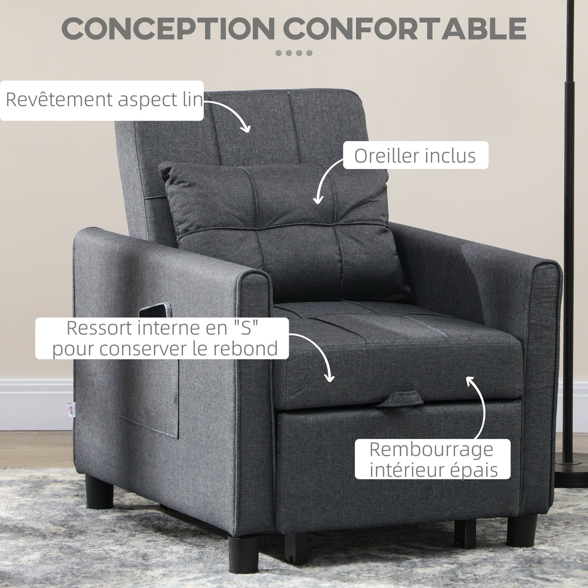 Fauteuil convertible 1 place 3 en 1 dossier réglable en 3 positions oreiller inclus 2 poches latérales 69x82x85cm gris