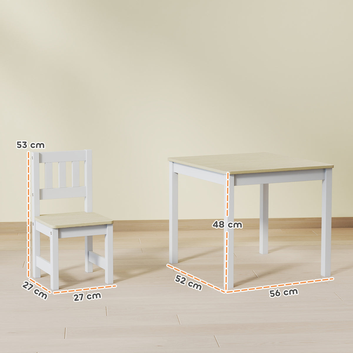 Table enfant avec chaise, lot table et 2 chaises enfant en bois pour dessiner, jouer, étudier, 56x52x48cm, bois naturel