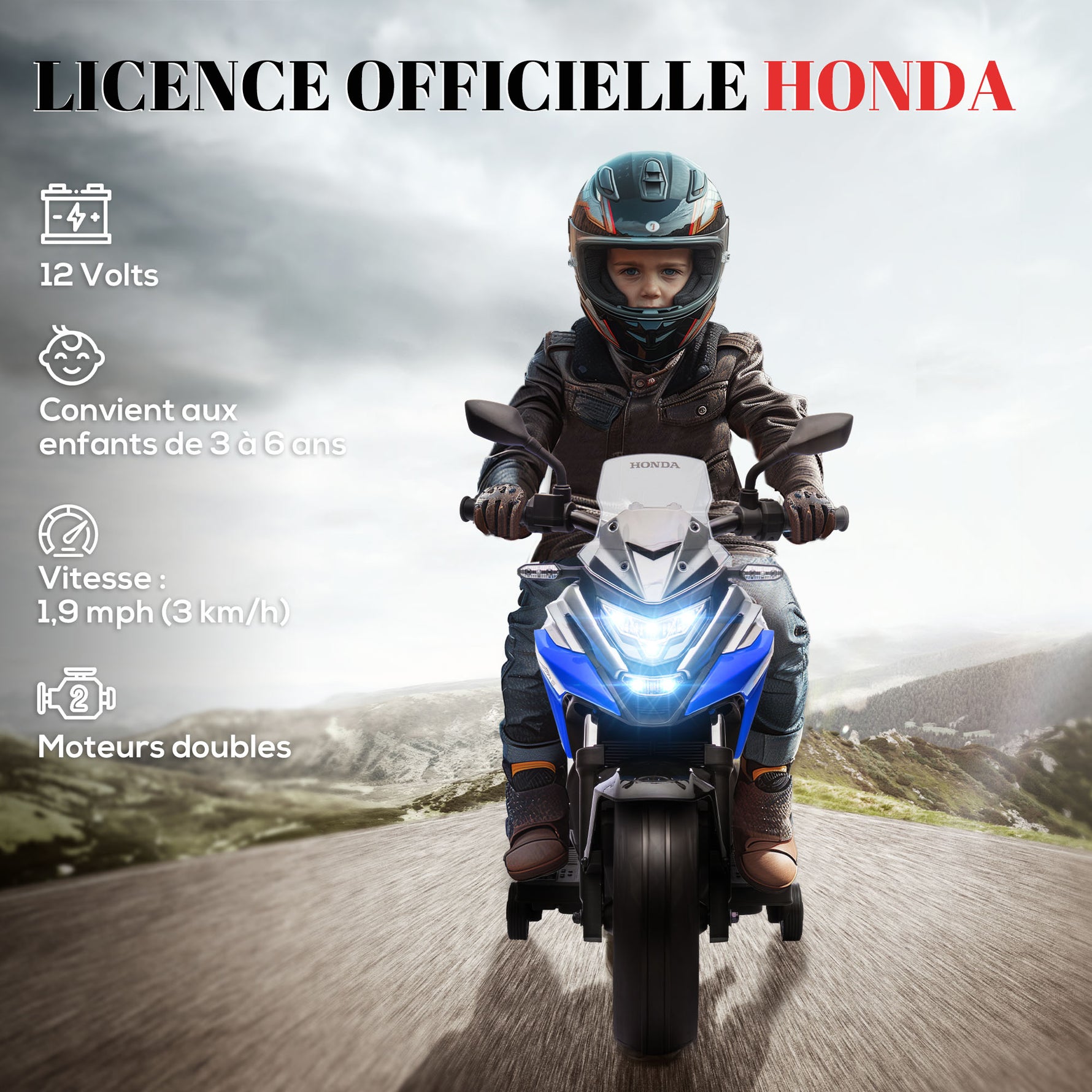 Moto électrique pour enfants moto porteur Honda pour enfants 3 à 6 ans avec musique, phares bleu