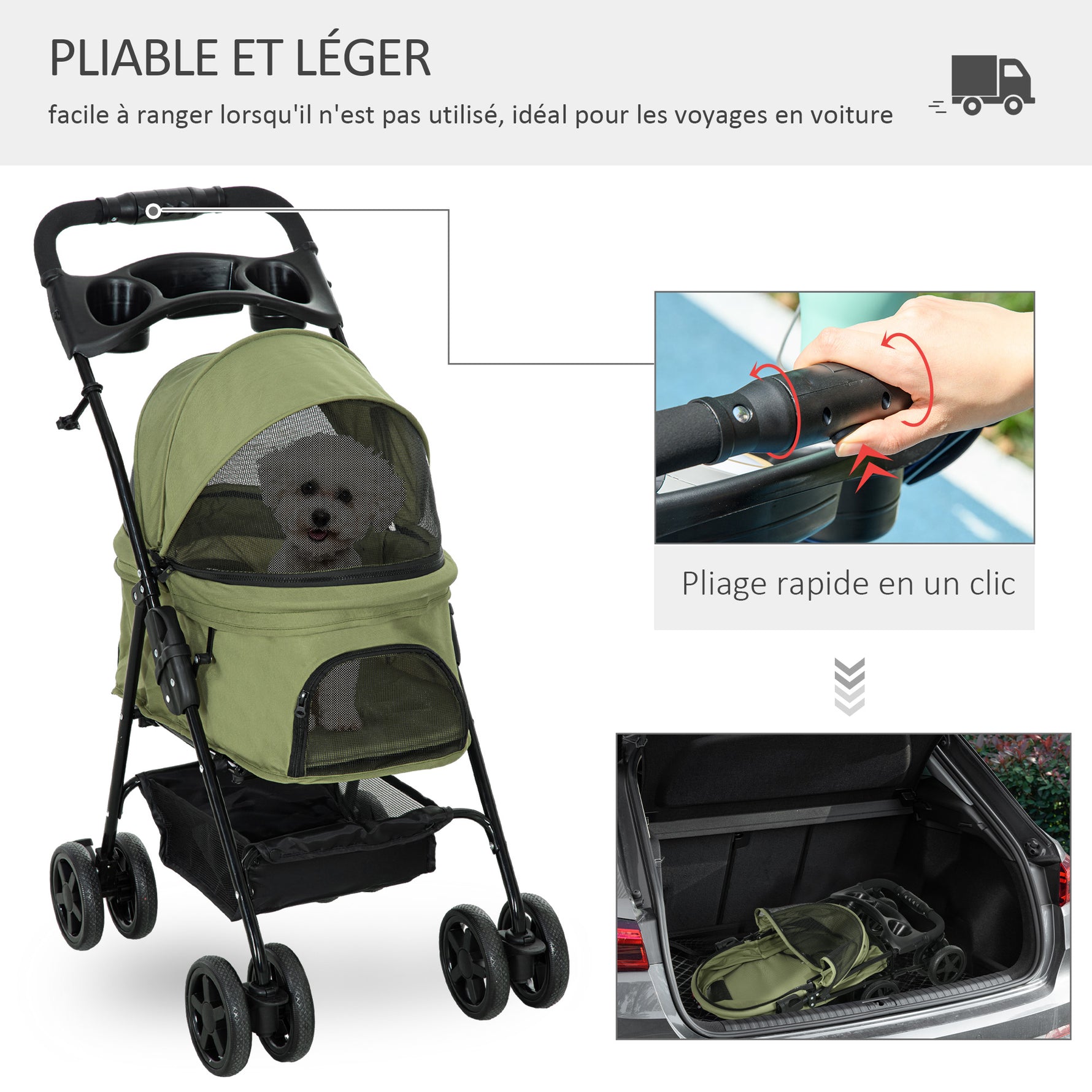 Poussette buggy pliable chien chat panier rangement porte-gobelets tissu 300D Oxford imperméable 4 roues vert