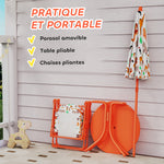 Salon de jardin enfant, table enfant avec 2 chaises pliantes et parasol Ø 100 cm, motif animal, orange