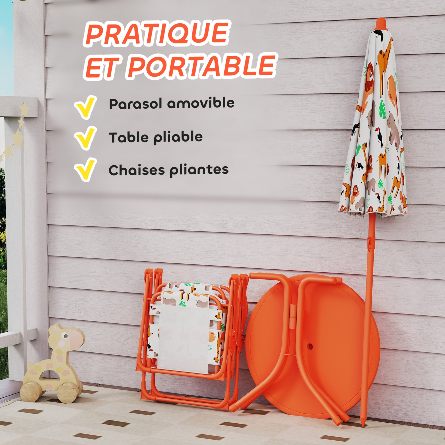 Salon de jardin enfant, table enfant avec 2 chaises pliantes et parasol Ø 100 cm, motif animal, orange