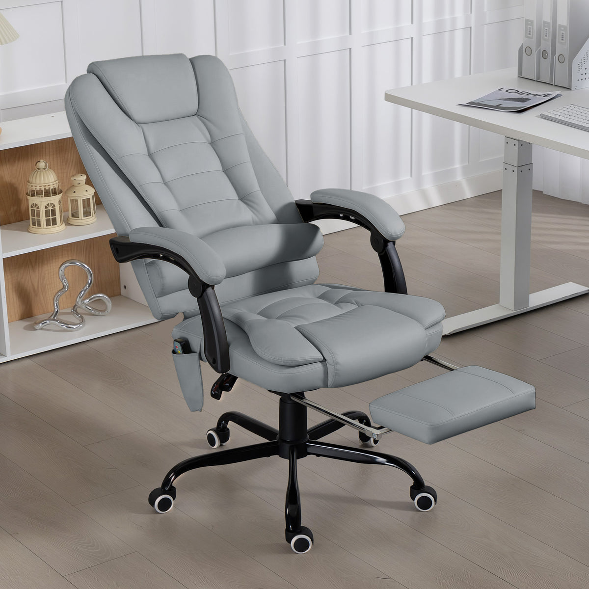 Fauteuil de bureau massant, chaise de bureau avec hauteur réglable, dossier inclinable et télécommande filaire, gris
