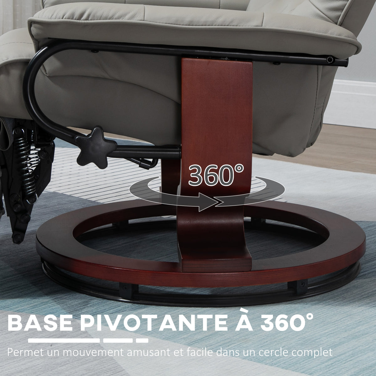Fauteuil relax inclinable repose-pieds réglable pivotant 360° piètement bois revêtement PU respirant et doux gris