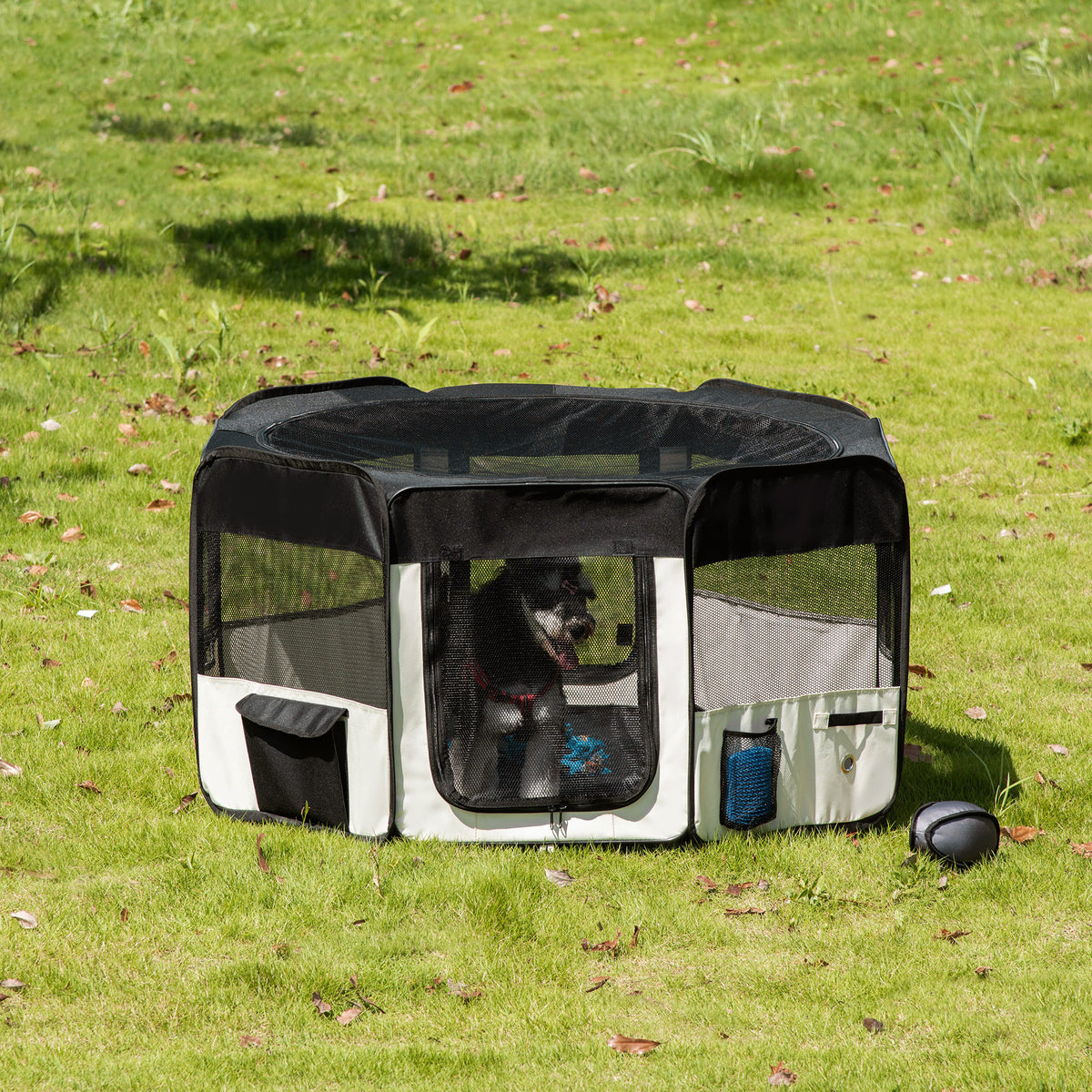 Parc enclos pliable pour chien chat petits animaux octogonal en tissu Oxford et acier - Ø 120 x 58H cm - noir et crème