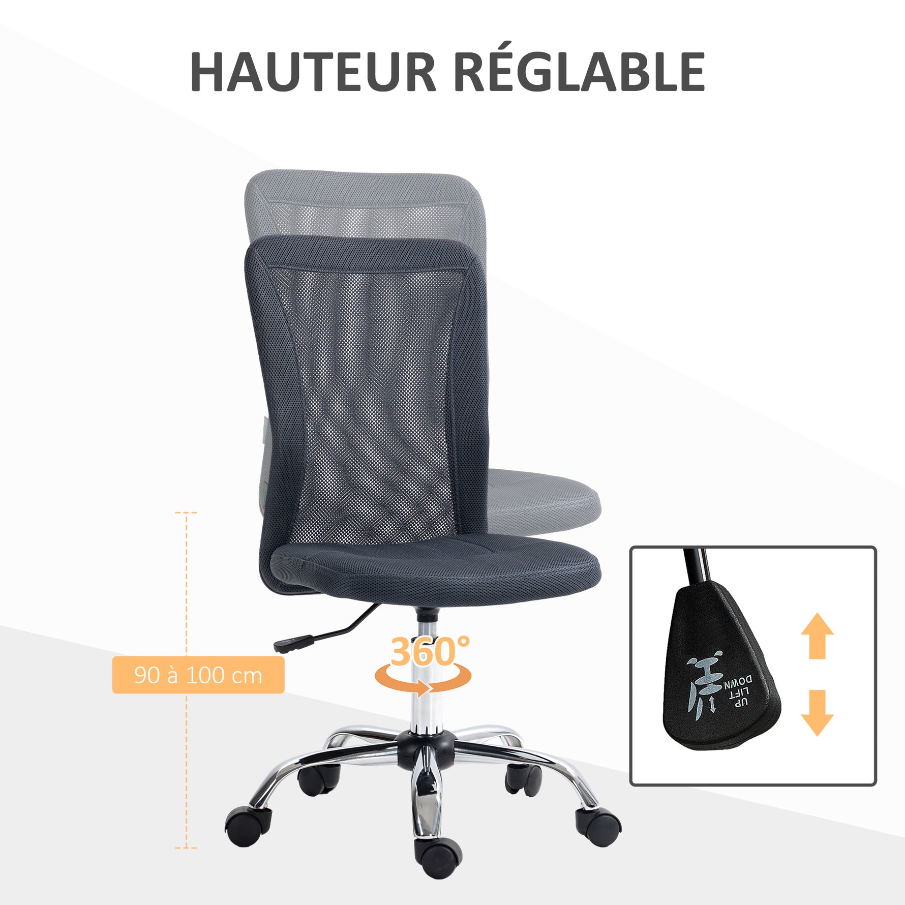 Chaise de bureau ergonomique hauteur réglable piètement chromé pivotant 360° revêtement maille gris foncé