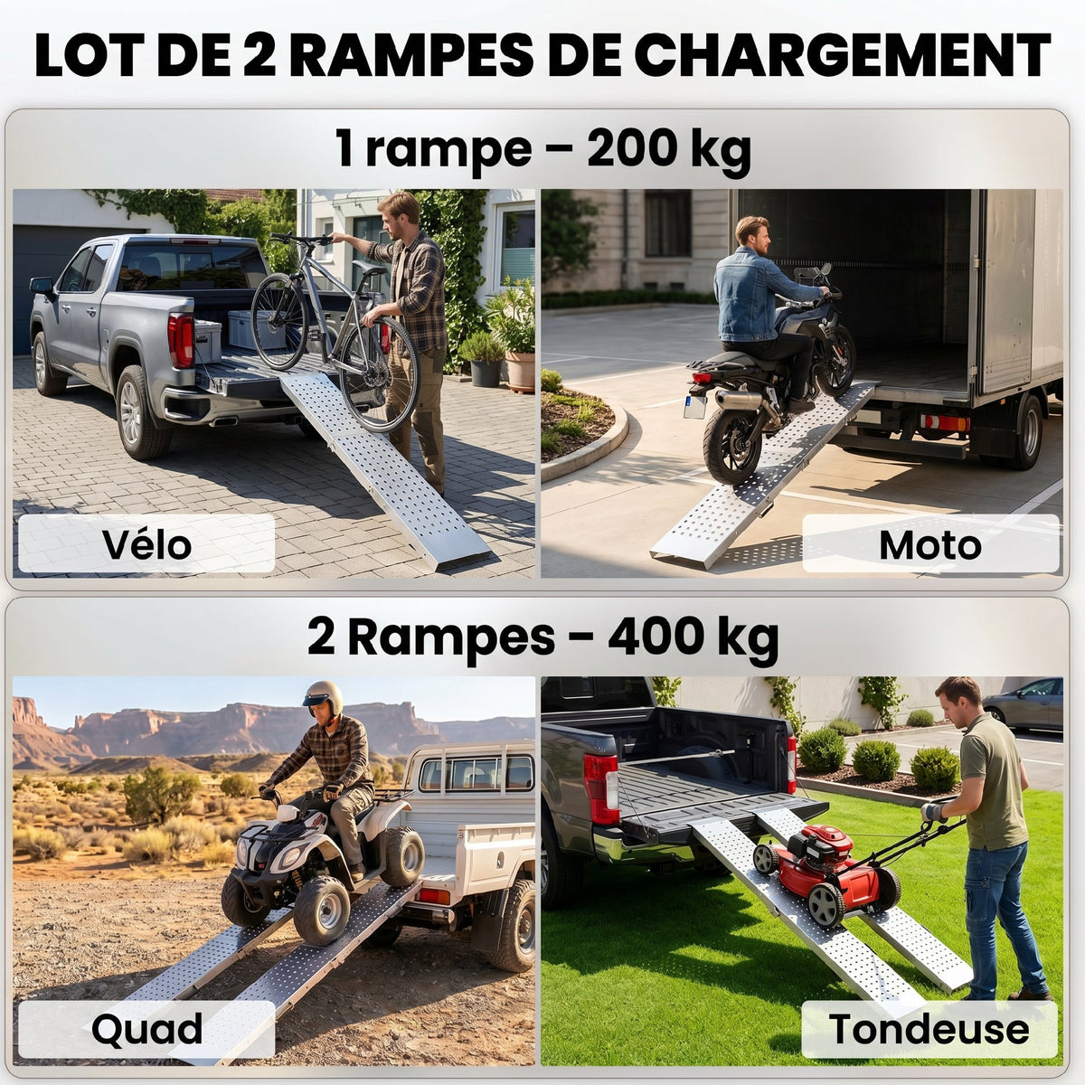 Lot de 2 Rampes de Chargement Pliantes avec Poignées et Surface Antidérapante, Charge Max. 400 kg, 180 x 25,5 cm, Argent