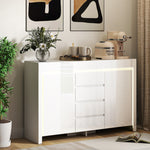 Buffet salon, meuble de rangement avec éclairage LED 4 tiroirs portes à fermeture douce 120 x 34 x 80 cm, blanc brillant