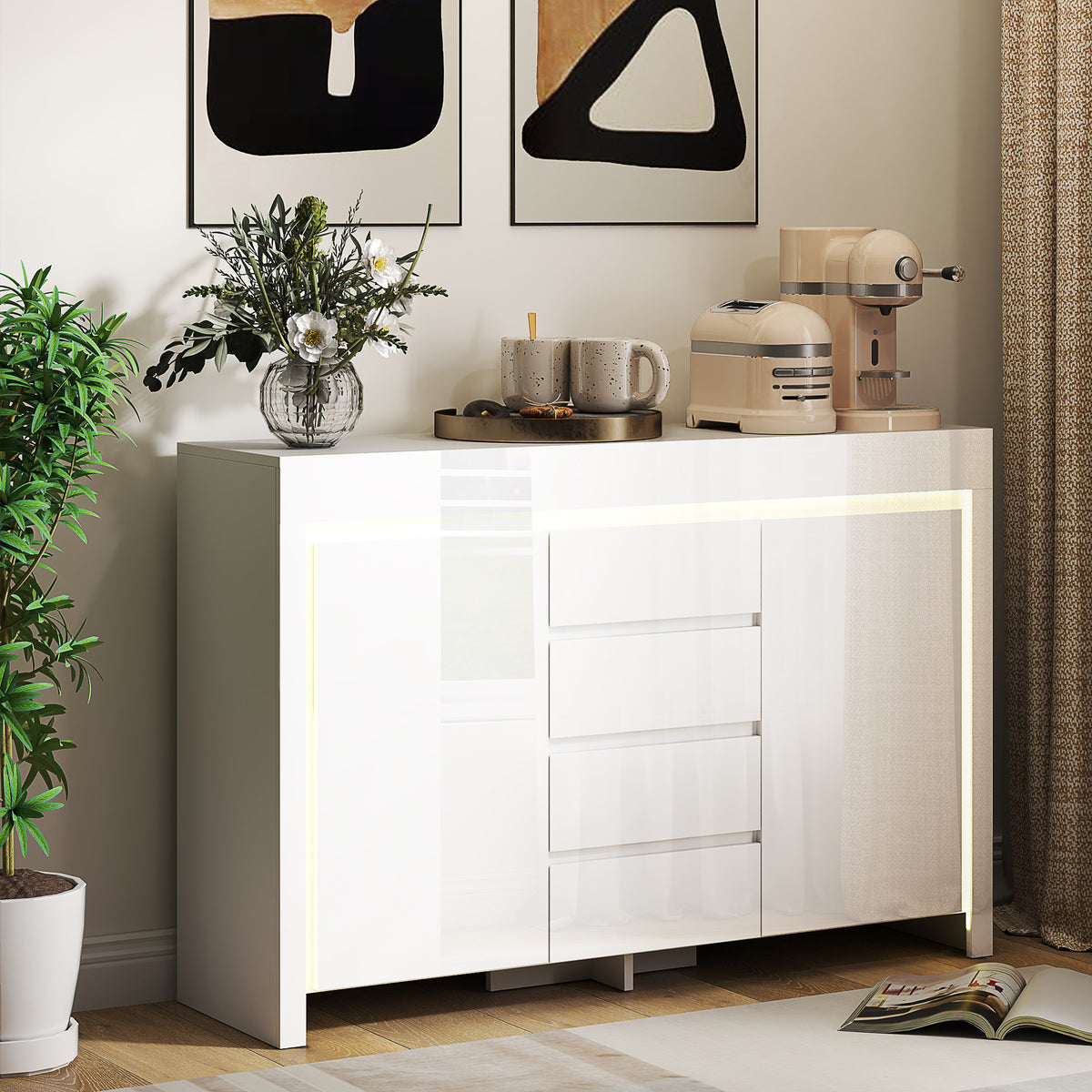 Buffet salon, meuble de rangement avec éclairage LED 4 tiroirs portes à fermeture douce 120 x 34 x 80 cm, blanc brillant