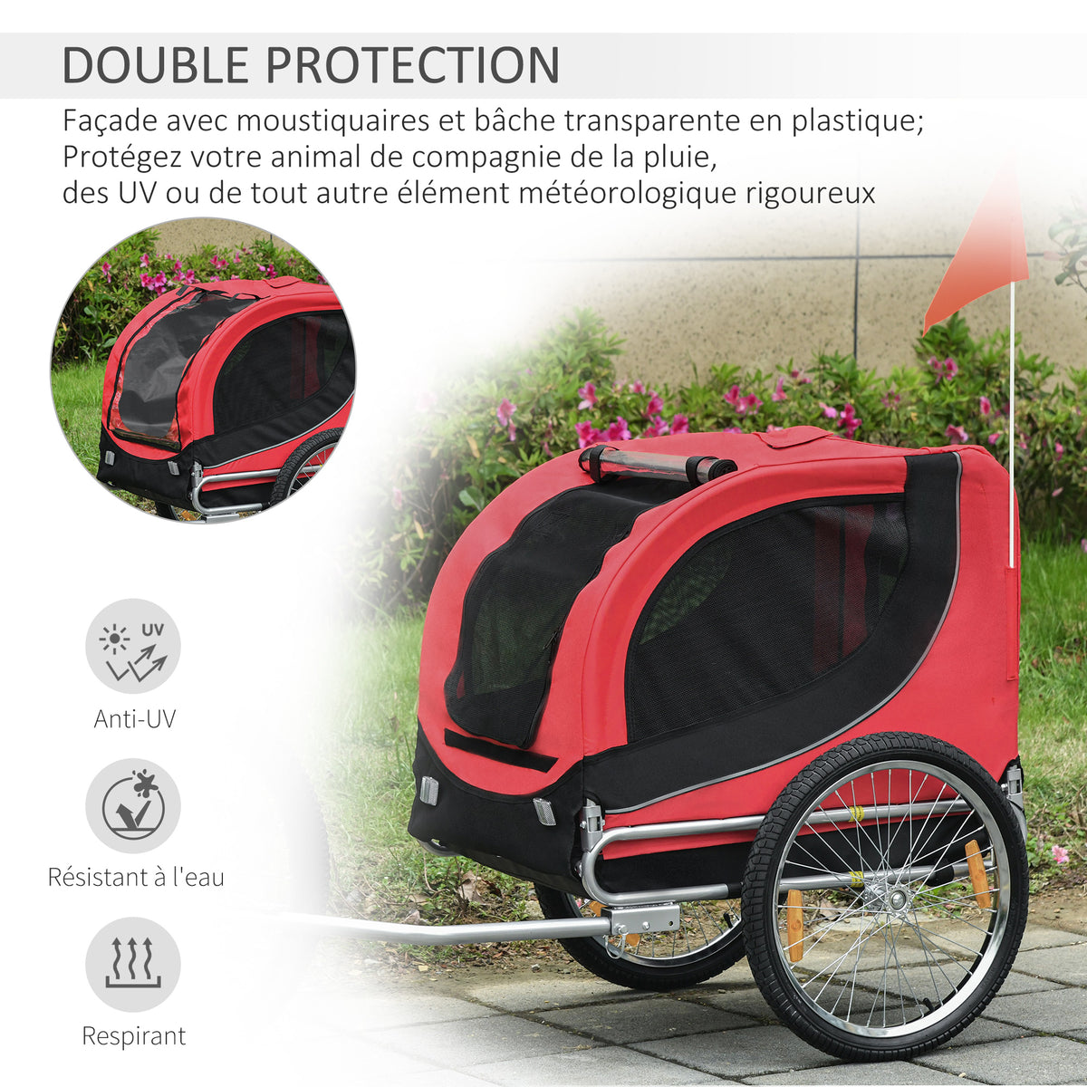 Remolque de bicicleta para perros y mascotas con 8 reflectores y bandera roja, negro