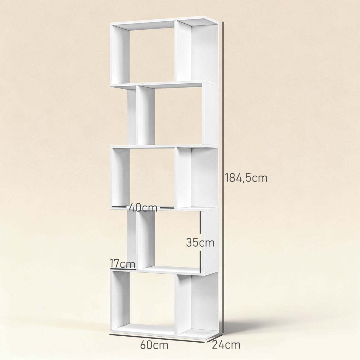 Bibliothèque à 5 niveaux, meuble de rangement en forme de S avec étagères, 60 x 24 x 184,5 cm, blanc