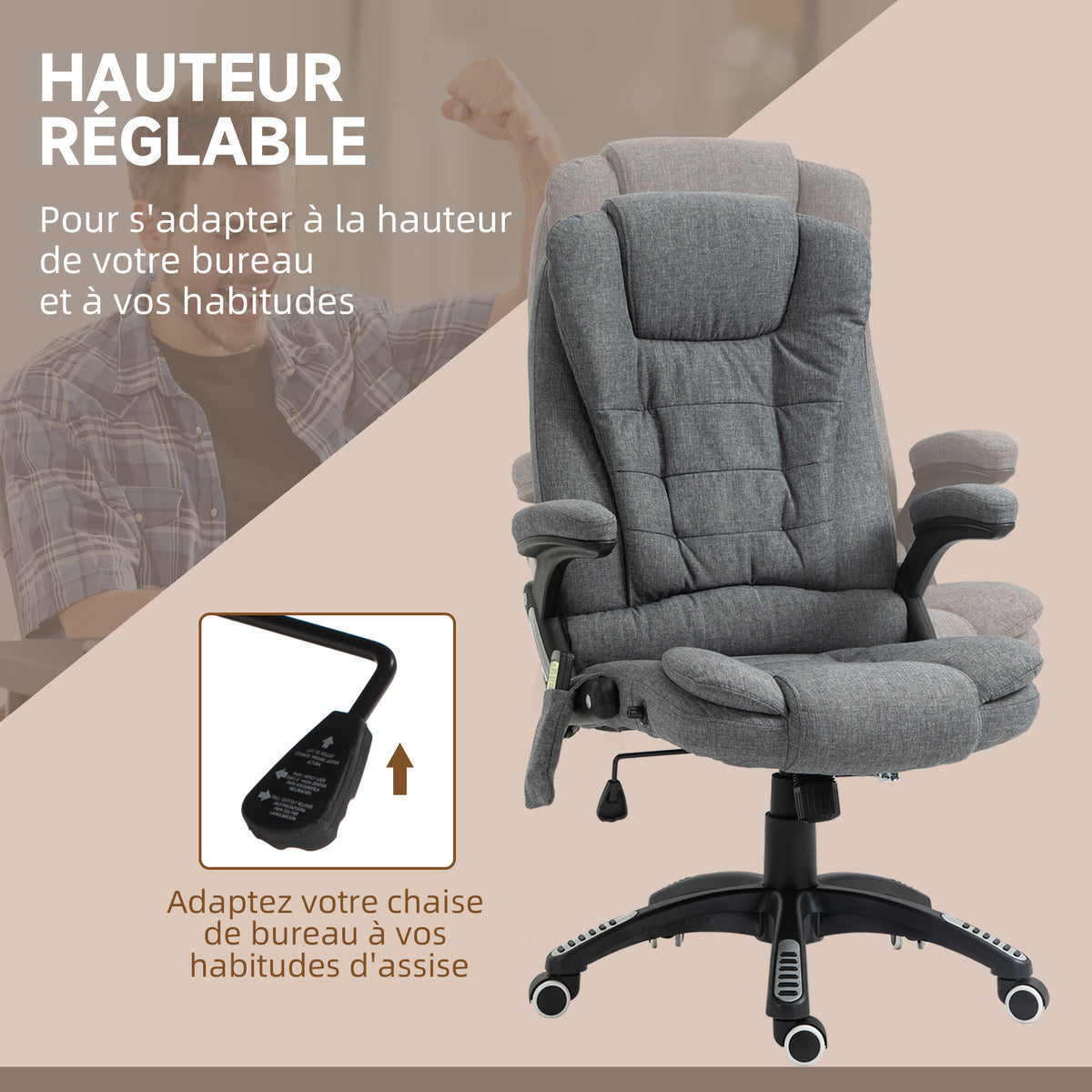 Fauteuil de bureau massant et chauffant, chaise de bureau, chaise ergonomique avec hauteur réglable, dossier inclinable et télécommande filaire, pivotant à 360° tissu en polyester gris chiné