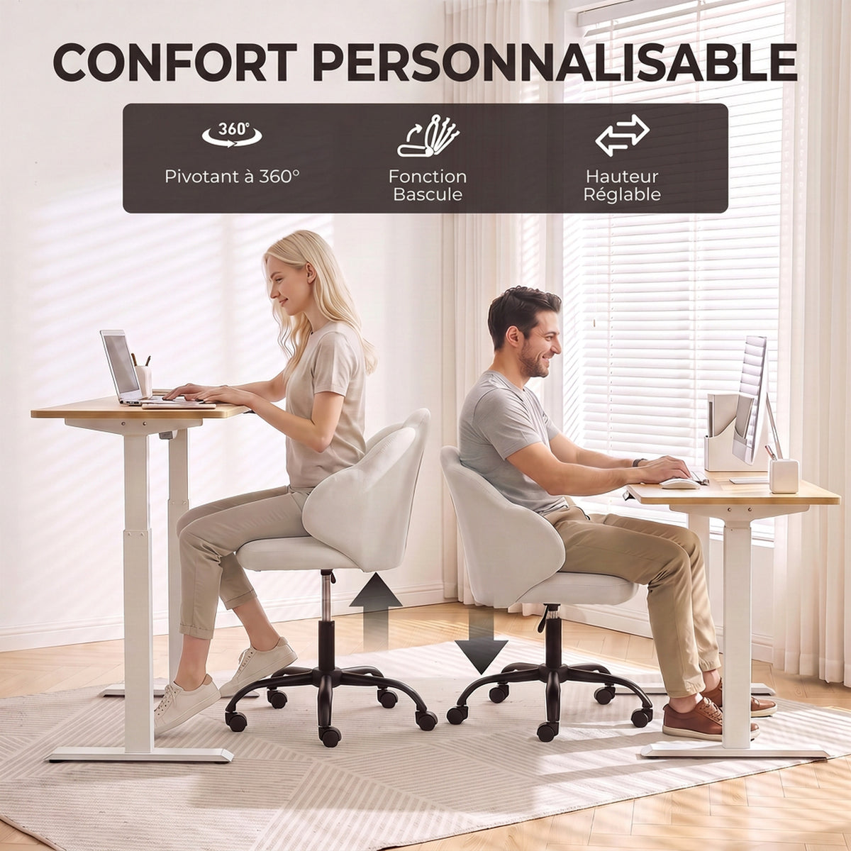 Chaise Bureau en Velours, Chaise Coiffeuse avec Dossier en Pétale, Hauteur Réglable, Fonction Bascule, Crème