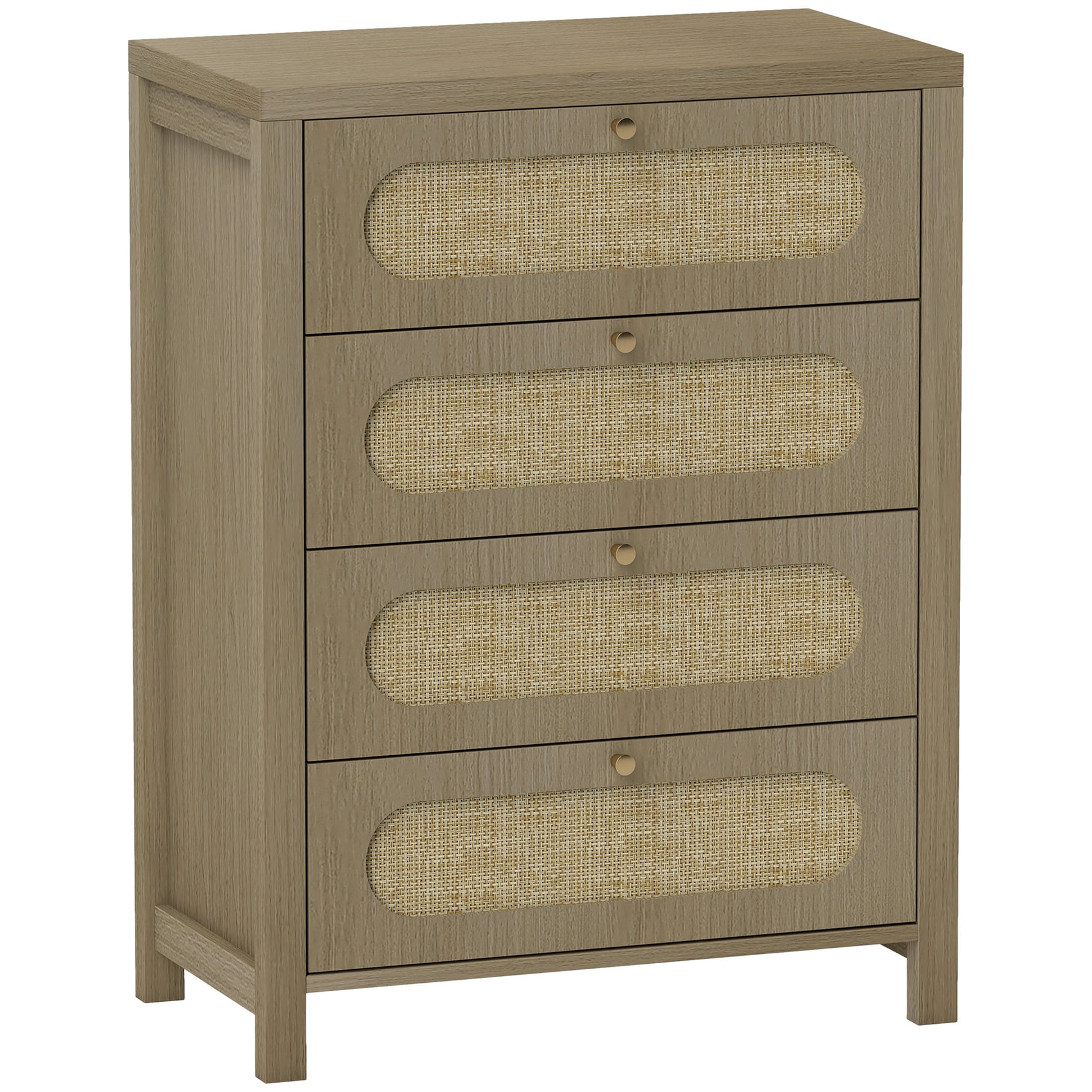 Commode 4 tiroirs meuble de rangement style bohémienne avec portes résine tressée, 70 x 38 x 93 cm, effet bois naturel