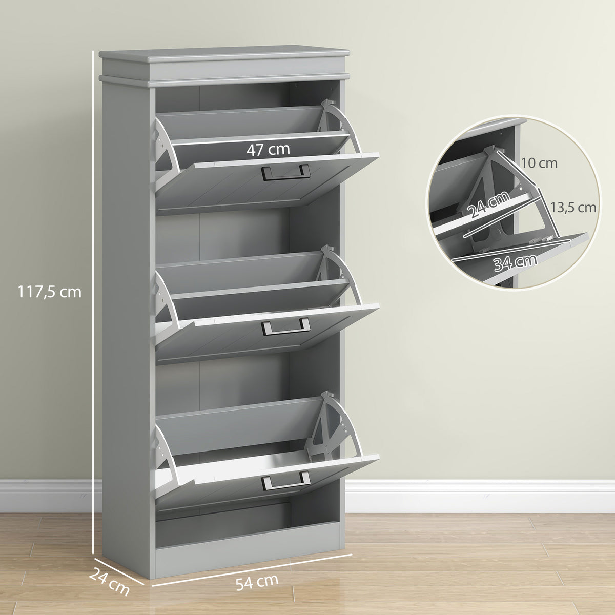 Meuble à chaussures, armoire à chaussures 3 portes abattants 15 paires, étagères réglables, 54 x 24 x 117,5 cm, gris
