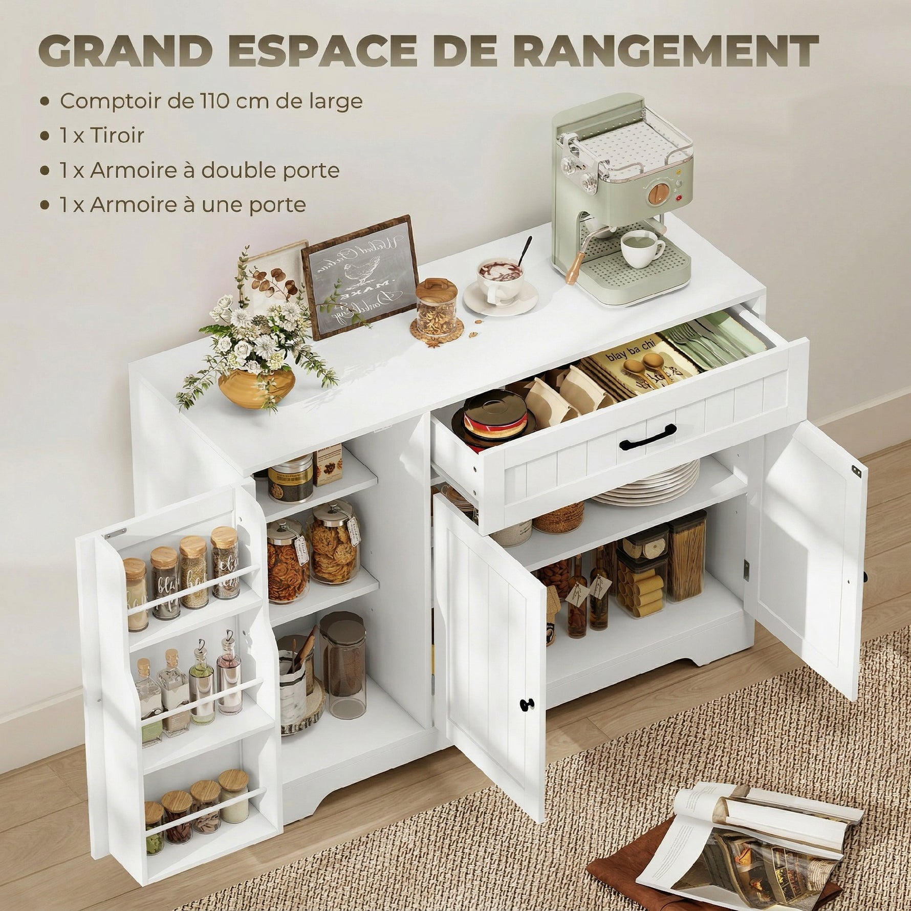 Buffet cuisine, meuble de rangement avec tiroir, 3 portes à fermeture douce, racks-porte et étagères réglables, blanc