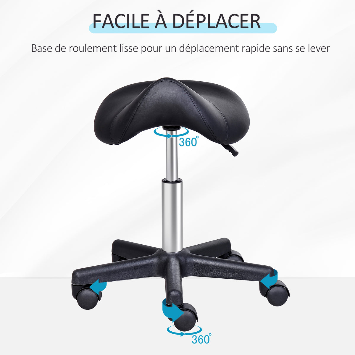 Tabouret à roulettes, tabouret de massage avec hauteur réglable 43-55 cm et selle ergonomique, chaise de travail à roulettes pivotant 360°, pour salon de massage, tatouage, clinique, spa, noir