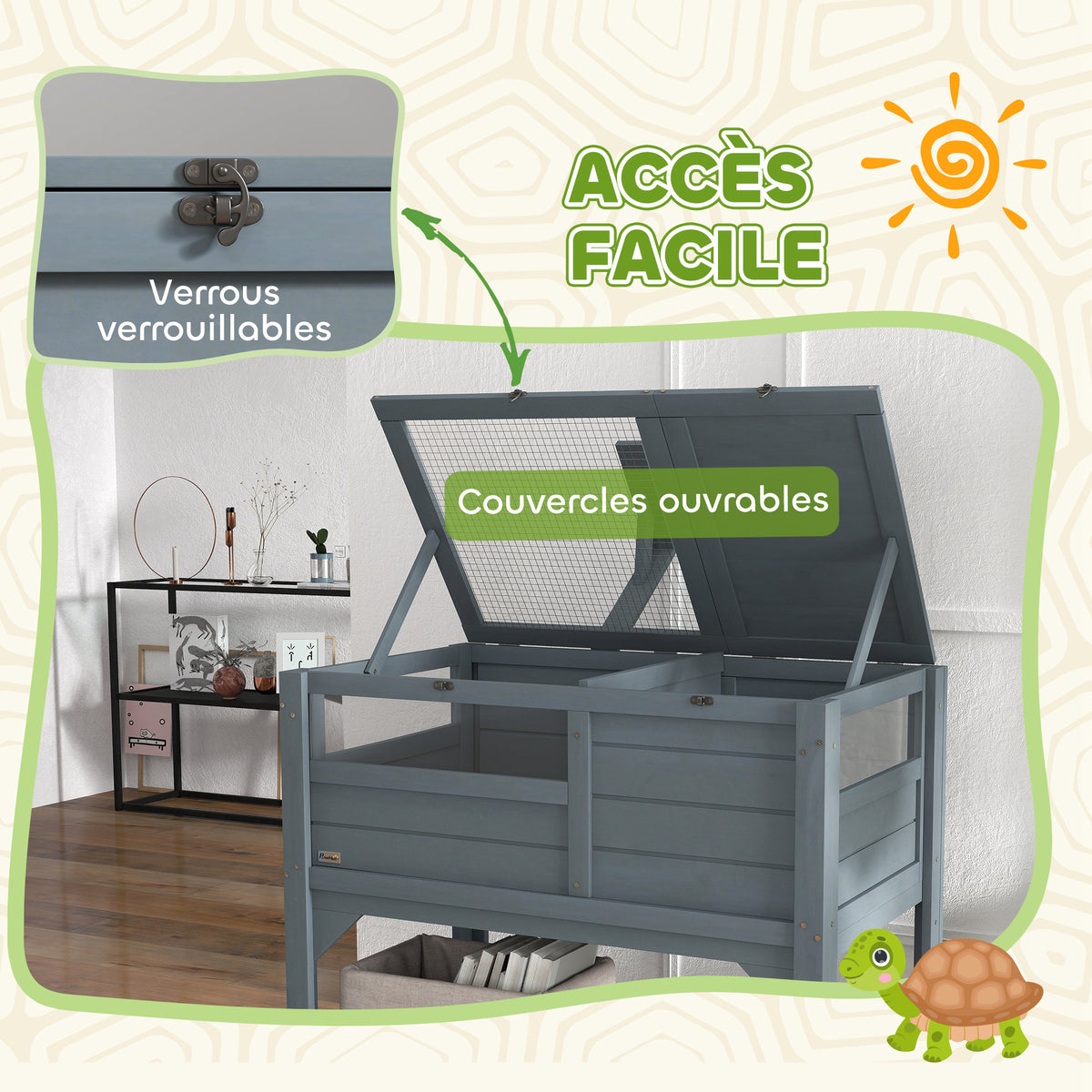 Maison enclos pour tortues sur pieds avec étagère de rangement en bois de sapin - dim. 103H x 84L x 51l cm