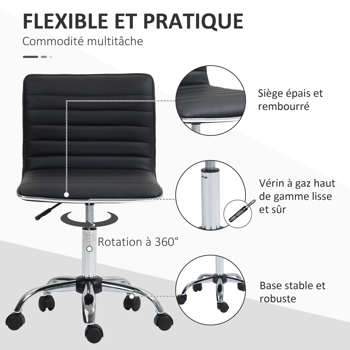 Chaise bureau fauteuil de bureau à roulettes pivotante hauteur réglable siège rembourrée 48 x 52 x 78-90 cm noir