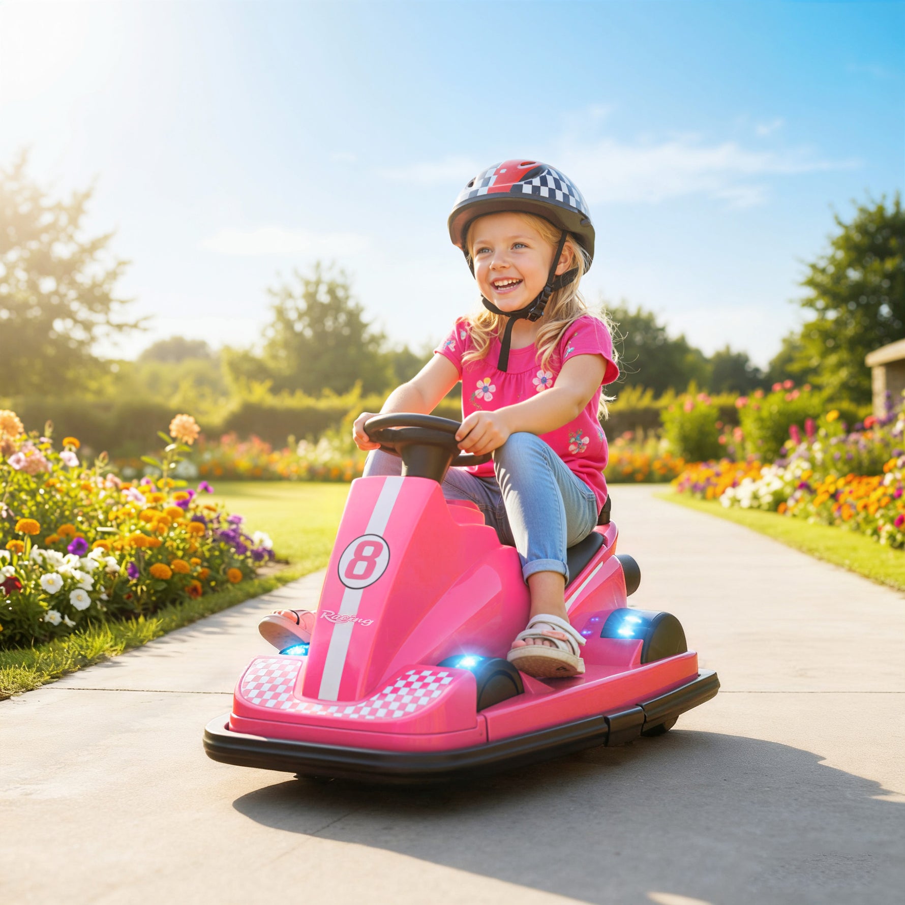 Auto-Tamponneuse Enfant 6V, Rotation à 360°, Musique, Klaxon, Démarrage Doux, 2,5 km/h, pour Âges 3-8, 74x53x48cm, Rose