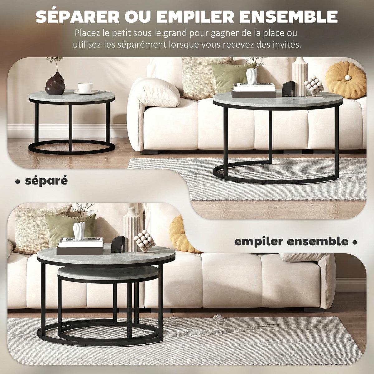 Lot de 2 tables basses gigognes empilable design industriel pieds en métal gris