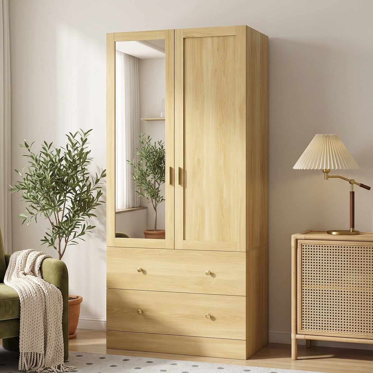Armoire chambre penderie avec miroir, 2 portes, 2 tiroirs et barre de suspension, 80 x 50 x 180 cm, chêne
