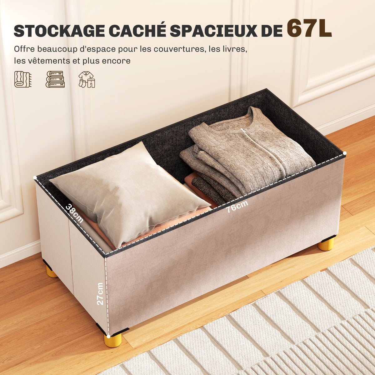 Panca contenitore fondo letto pieghevole volume 67 L capacità di carico 120 kg con coperchio 76L x 38P x 38A cm rosa