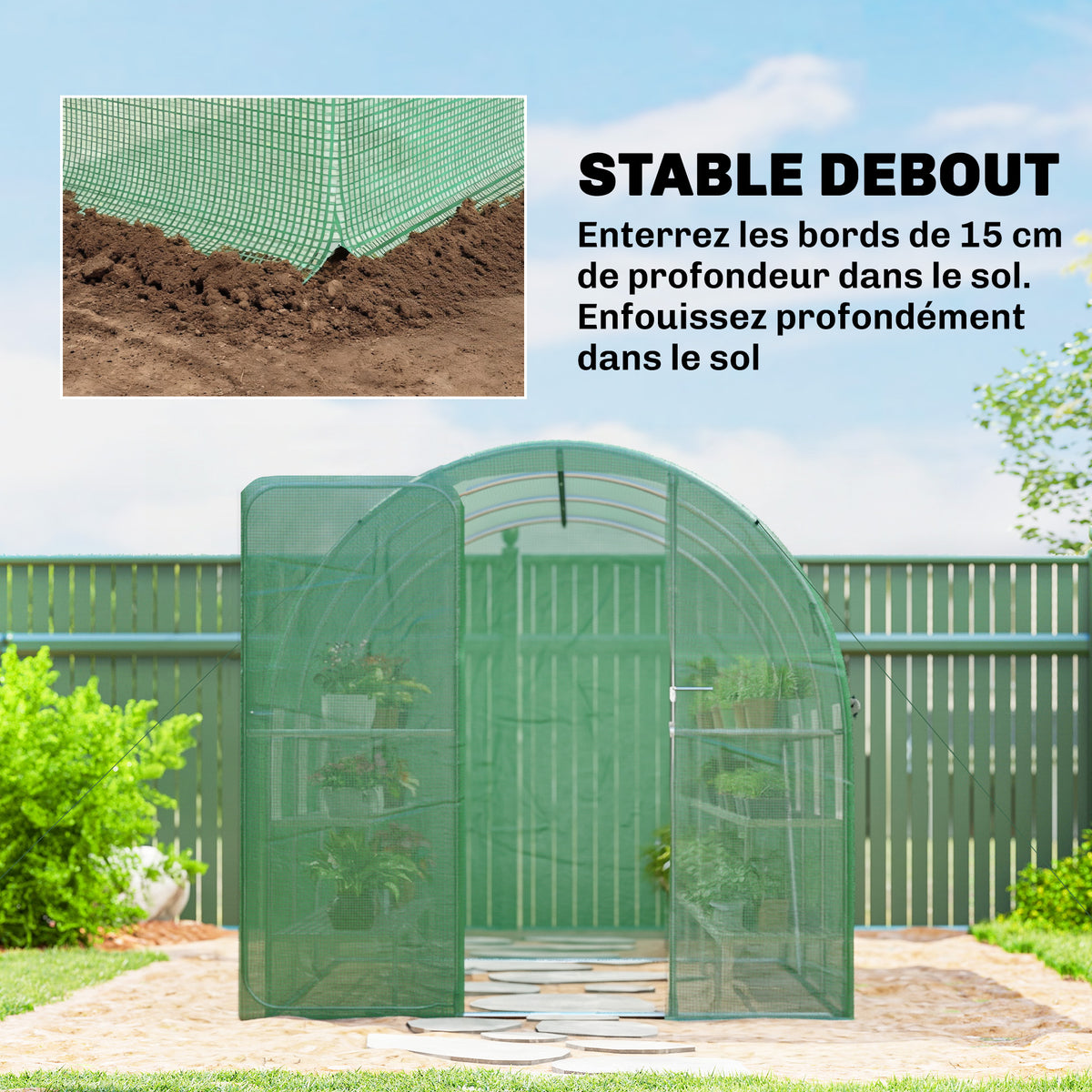 Serre tunnel de jardin 6m², serre de jardin tunnel 200x300x200cm porte et 6 fenêtres, bâche PE 140 g/m² vert