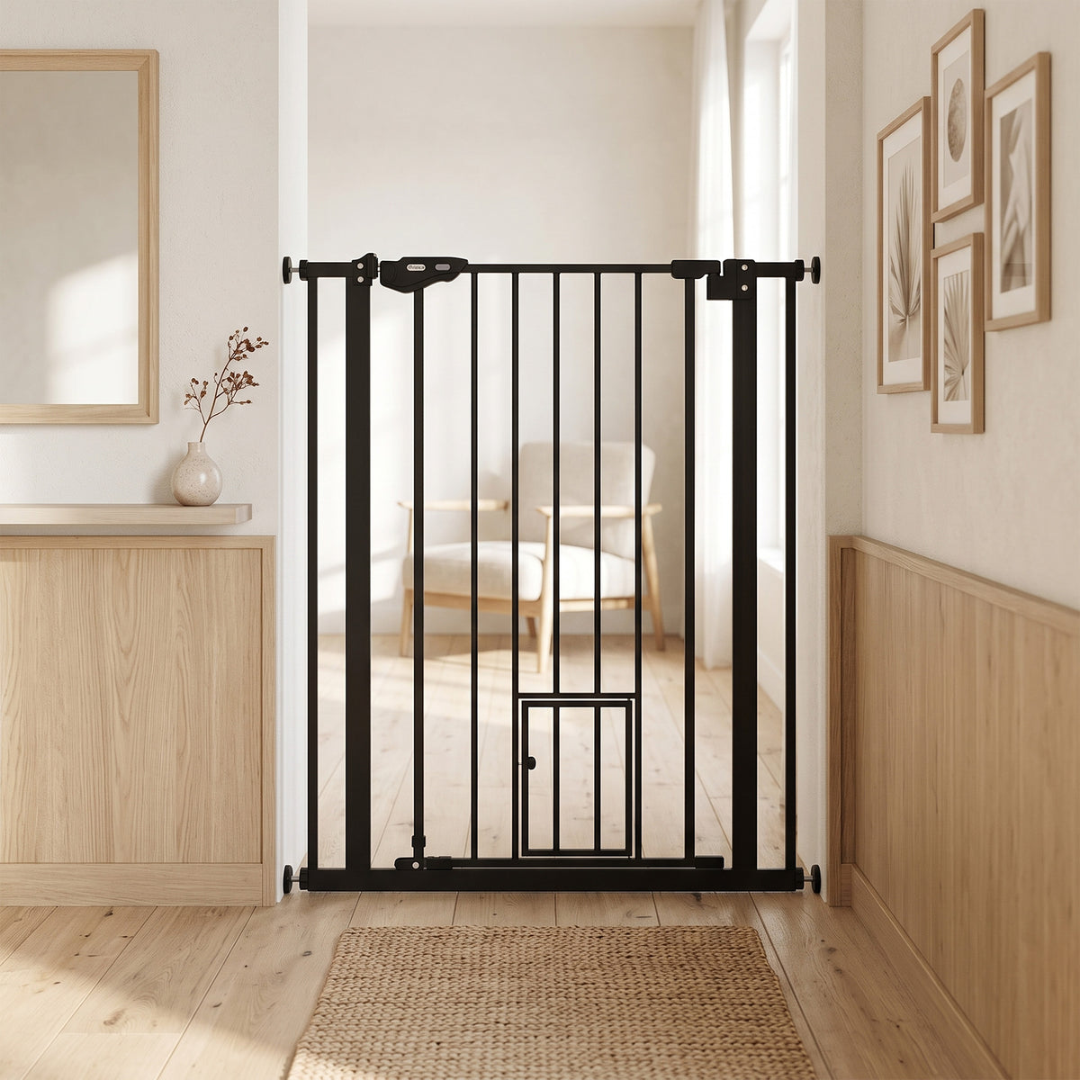 Barrière de sécurité animaux de 104H cm conception haute avec porte chat fermeture automatique système de double verrouillage sans percage de 74 à 80 cm acier noir