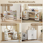Tavolo da cucito pieghevole, mobile per cucito con rotelle, 2 ante magnetiche, 4 scomparti, 20 ganci, 160x40x81,5cm, bianco