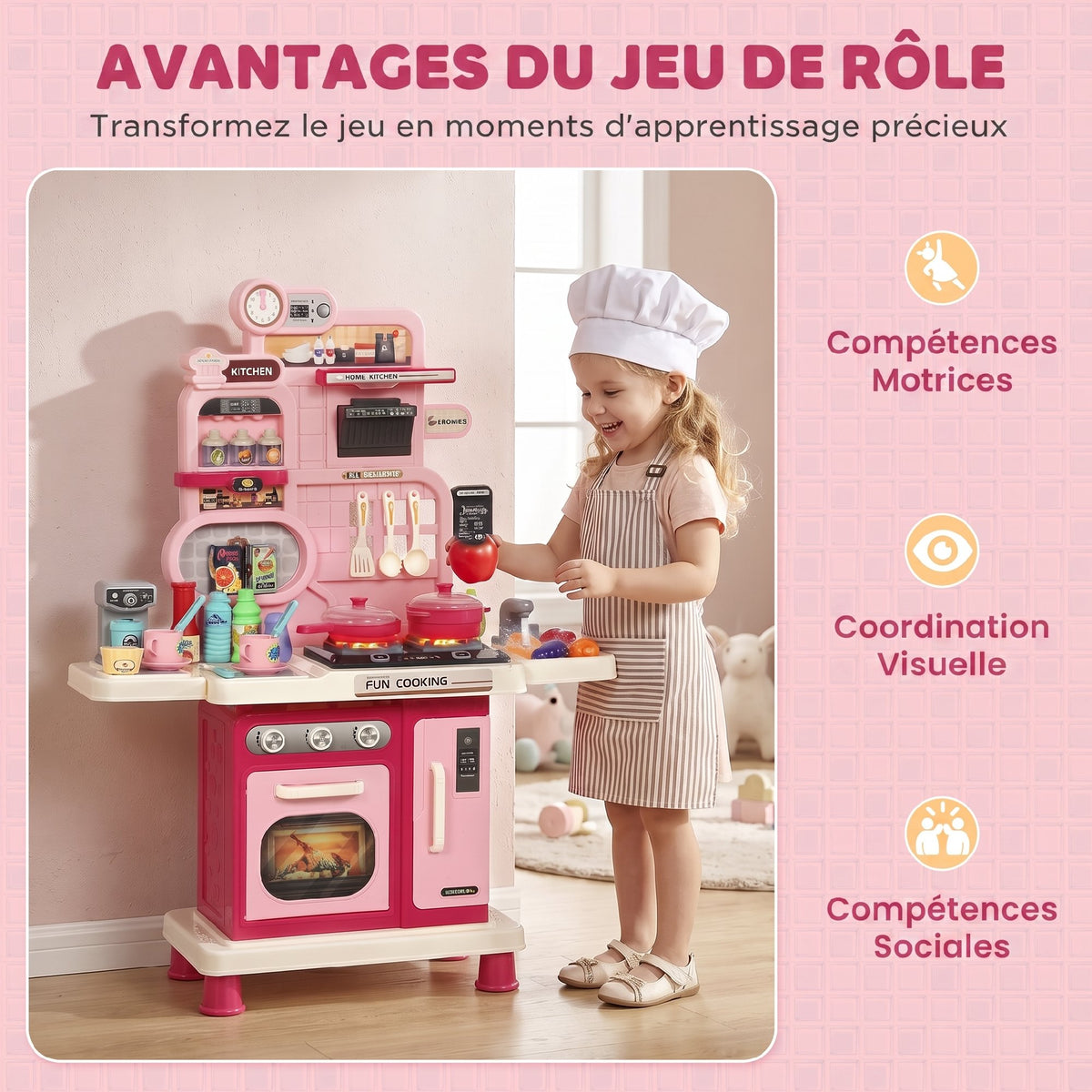Cuisine pour Enfants Interactive, 33 Accessoires, avec Sons, Lumières, Rangement, 3-6 Ans, 67x25x87cm, Rose