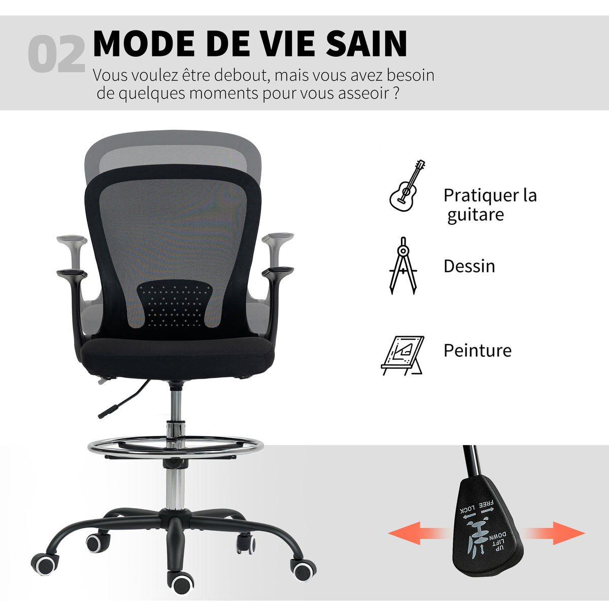 Sedia da ufficio ergonomica con poggiapiedi regolabile e braccioli sollevabili, altezza regolabile, 59x62x99-119cm, nero