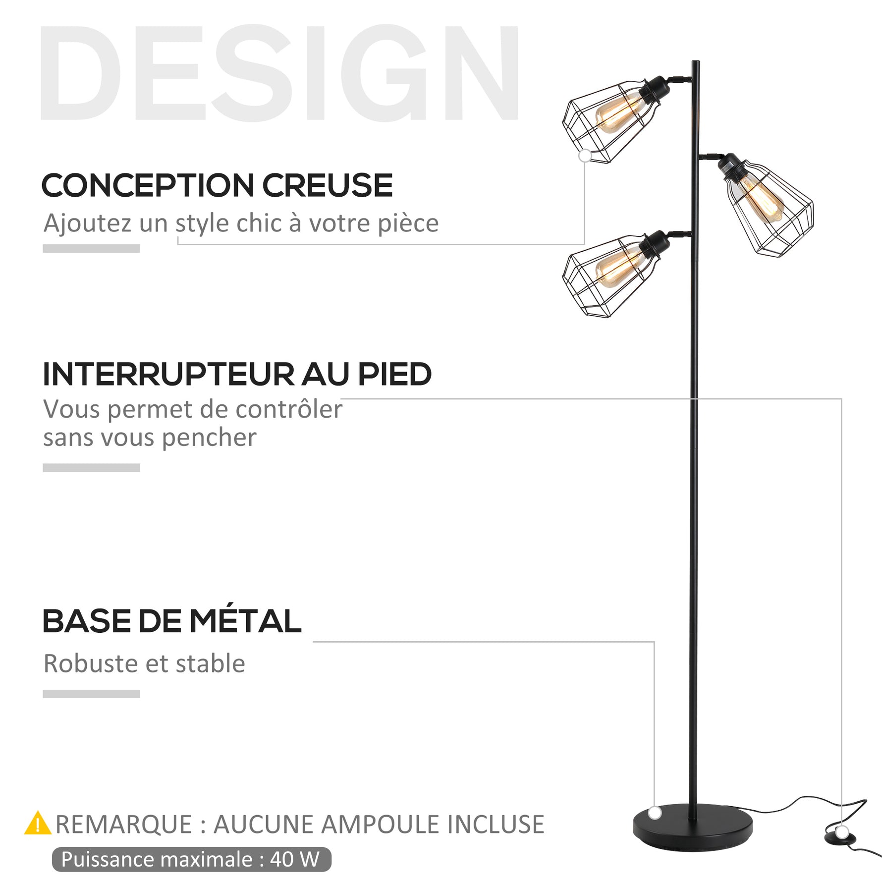 Lampadaire design industriel 3 ampoules max. 40 W abat-jour cage métal noir