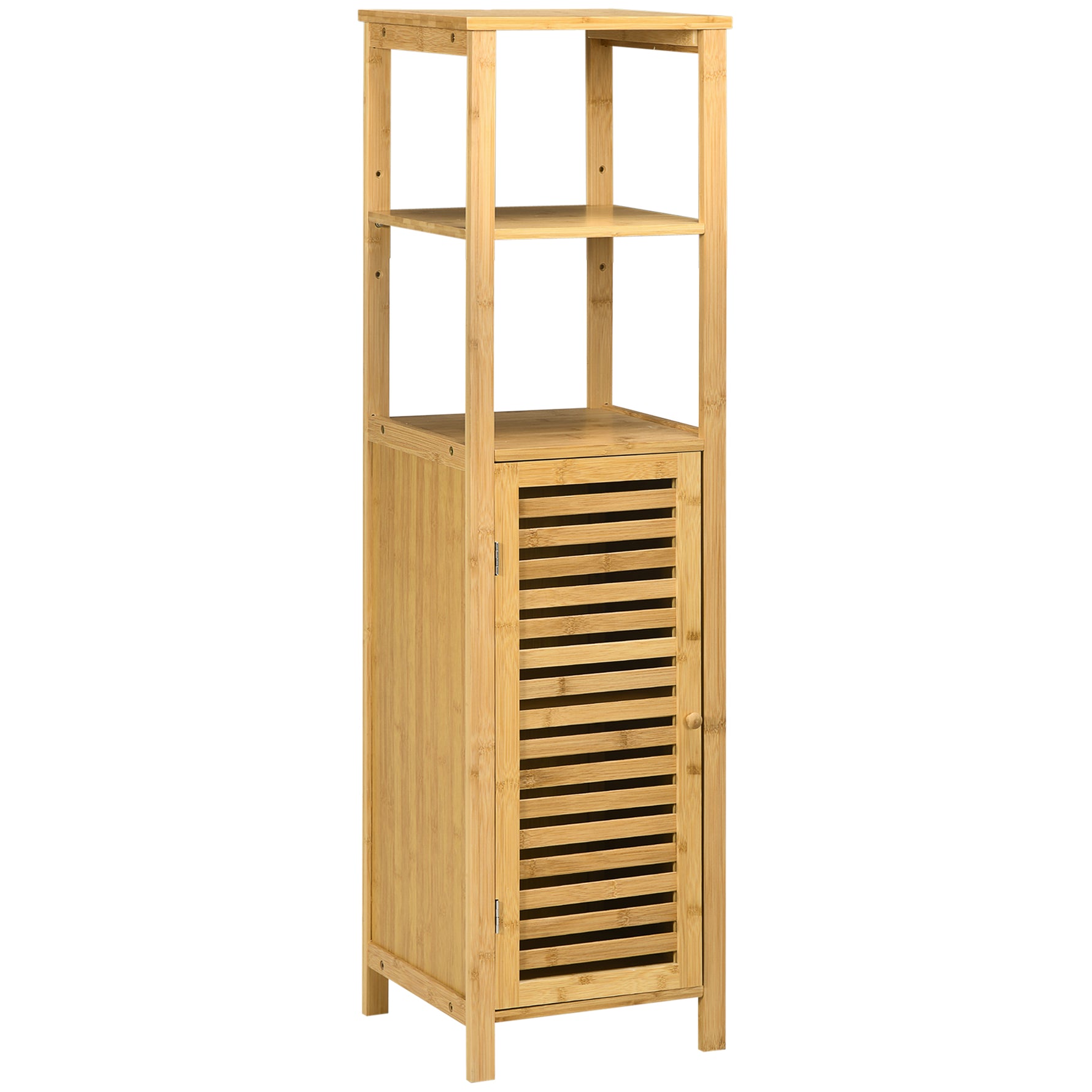 Meuble colonne salle de bain en bambou 2 étagères ouvertes et placard, 32,9 x 29,9 x 120 cm, bois naturel