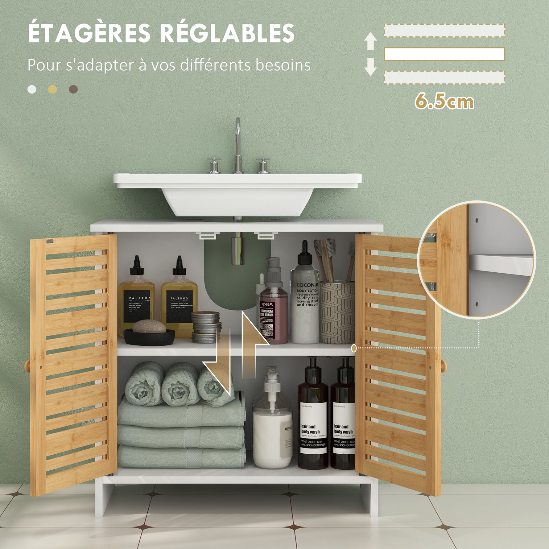 Meuble sous vasque de salle de bain 2 portes étagère réglable armoire de rangement pour lavabo 60x30x60 cm bambou blanc