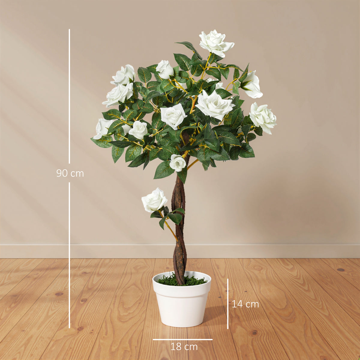 Arbre à Roses Artificiel 90 cm en Plastique, 21 Fleurs, 350 Feuilles en Tissu, Pot, Facile à Entretenir, Blanc