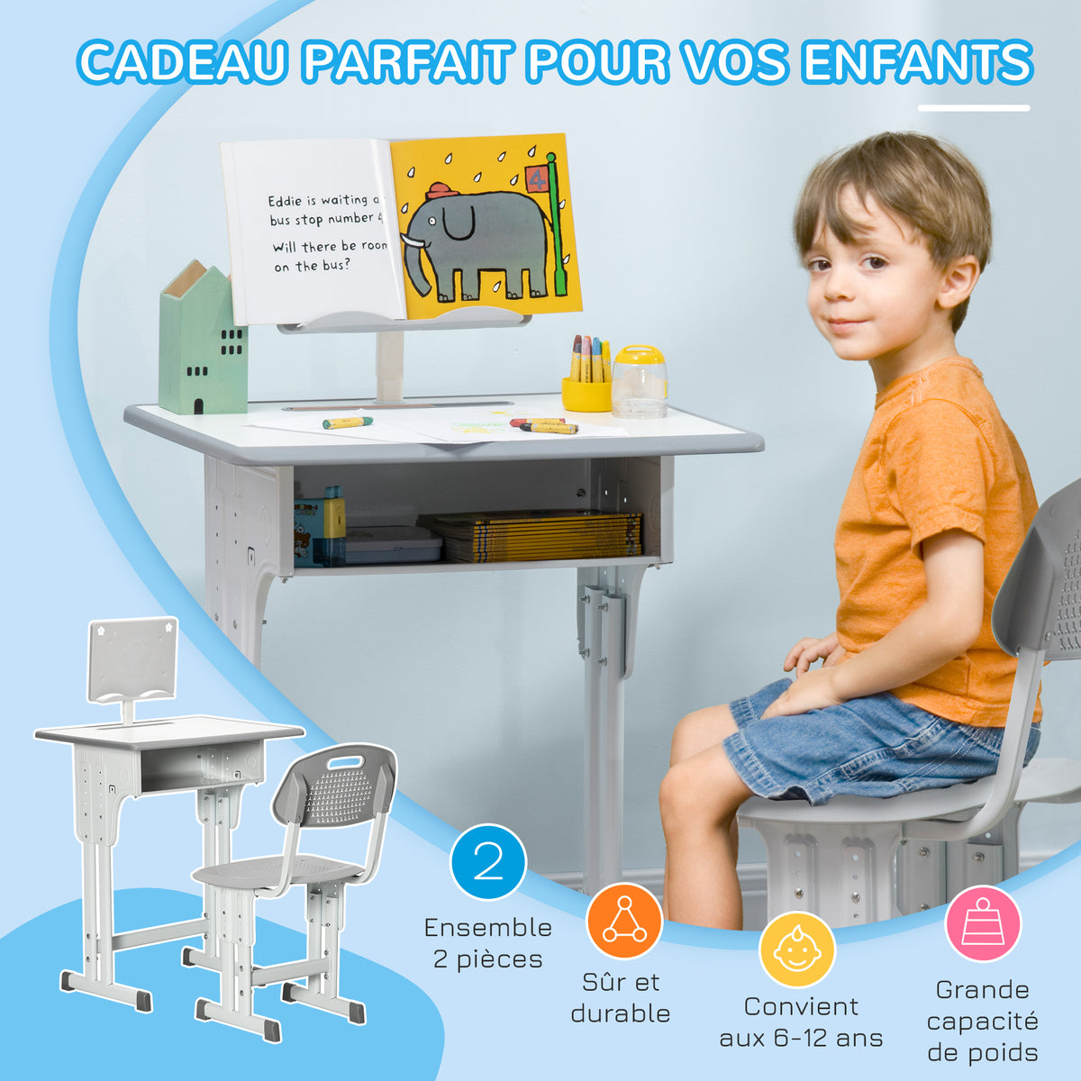 Bureau et chaise pour enfant lot de 2 avec support de lecture casier crochet et porte stylo 60 x 45x 90-102 cm gris