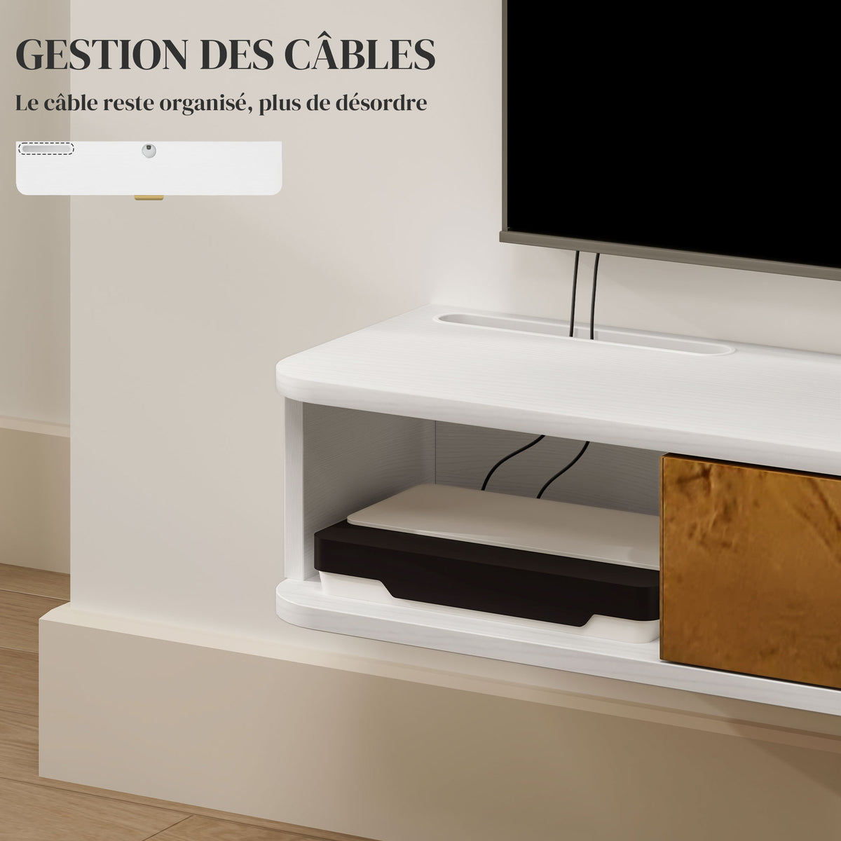 Ensemble meuble TV suspendu avec étagère murale meuble télé bois mural passe-câbles 120 x 24 x 16 cm blanc