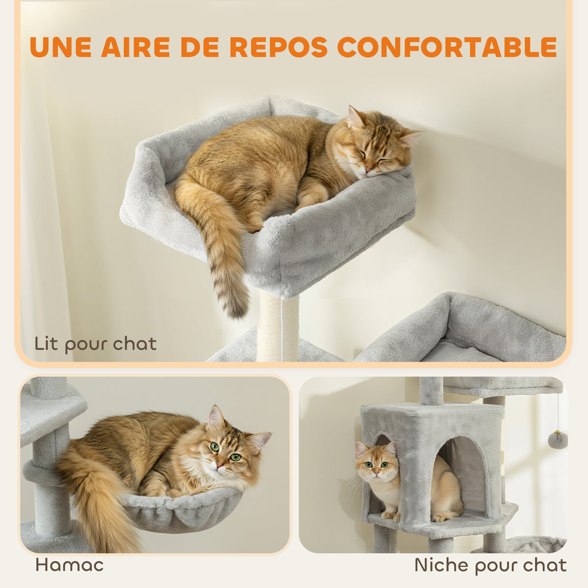 Krabpaal speeltoren voor katten 3 plateaus 2 huisjes 2 manden 2 hangmatten 1 ladder hoogte 177 cm lichtgrijs