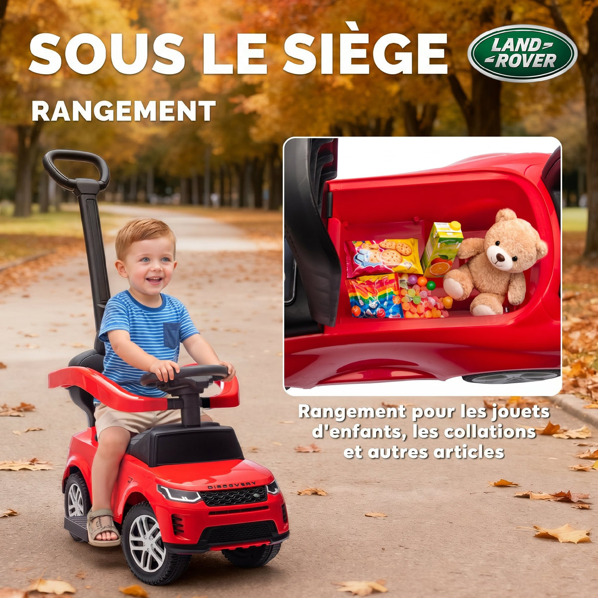 Porteur enfants Land Rover Discovery sous licence, porteur voiture à pousser avec poignée amovible, 84x40x94,5cm, rouge