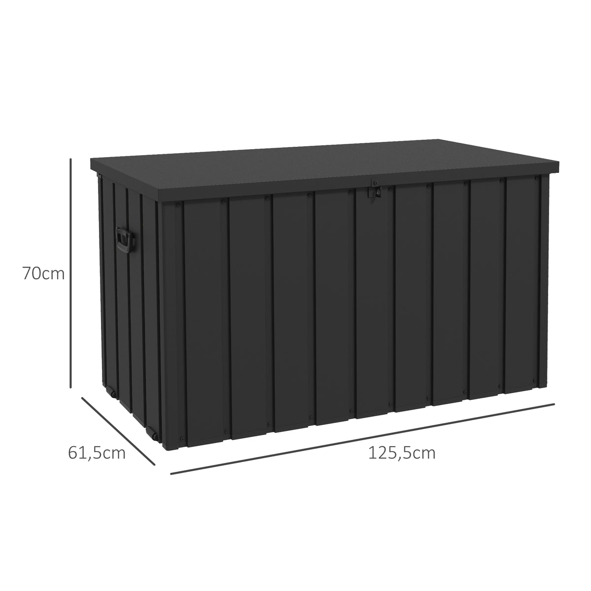 Coffre de rangement pour jardin 450L en métal avec vérin à gaz, roulettes et poignée - dim. 125,5L x 61,5l x 70H cm
