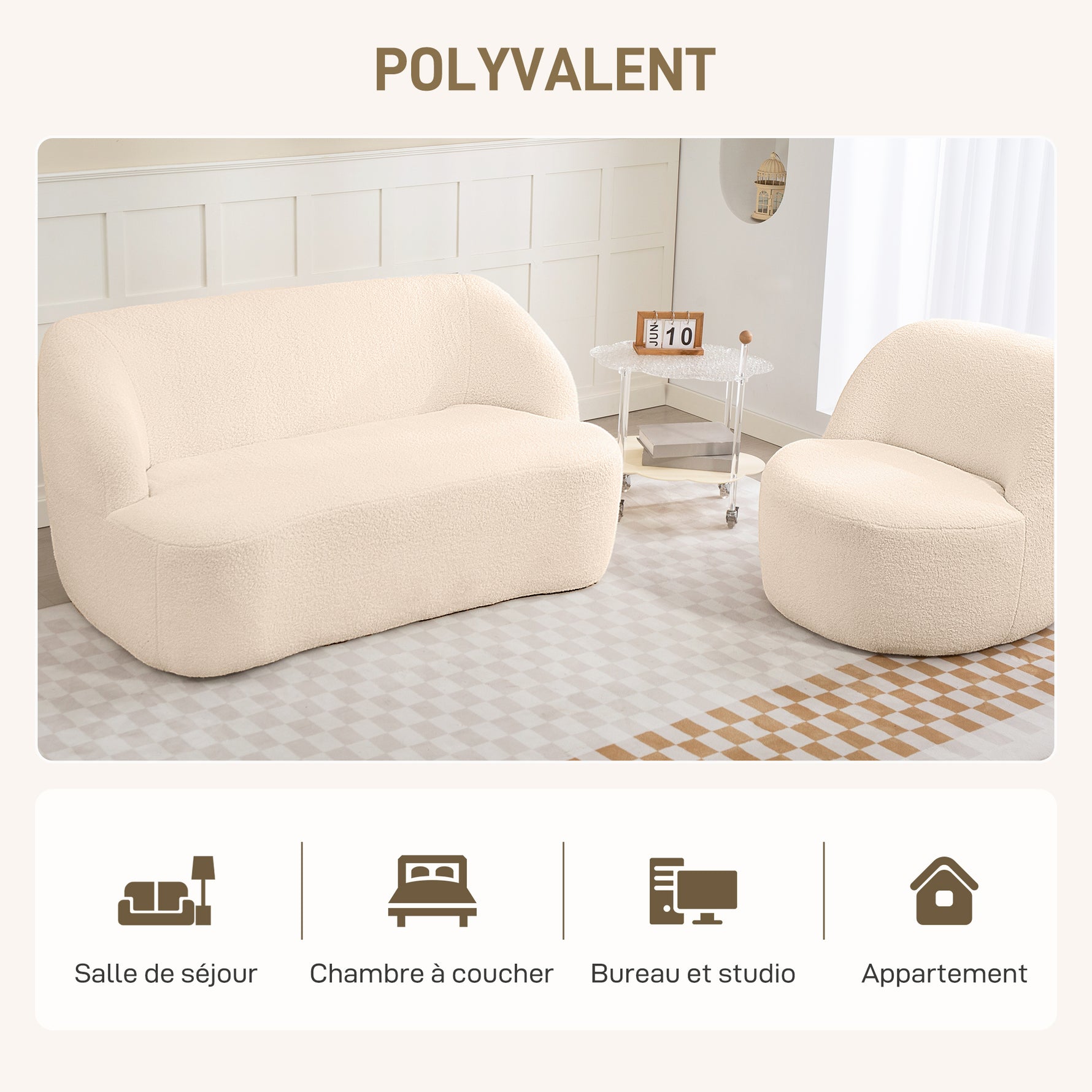 Canapé 2 places canapé en tissu bouclette 142 cm avec dossier et assise incurvés, aucun assemblage requis, beige