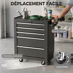 Chariot à outils sur roulettes, Servante d'atelier en acier 5 tiroirs verrouillable 2 clés, 61,5 x 33 x 82,5 cm, noir
