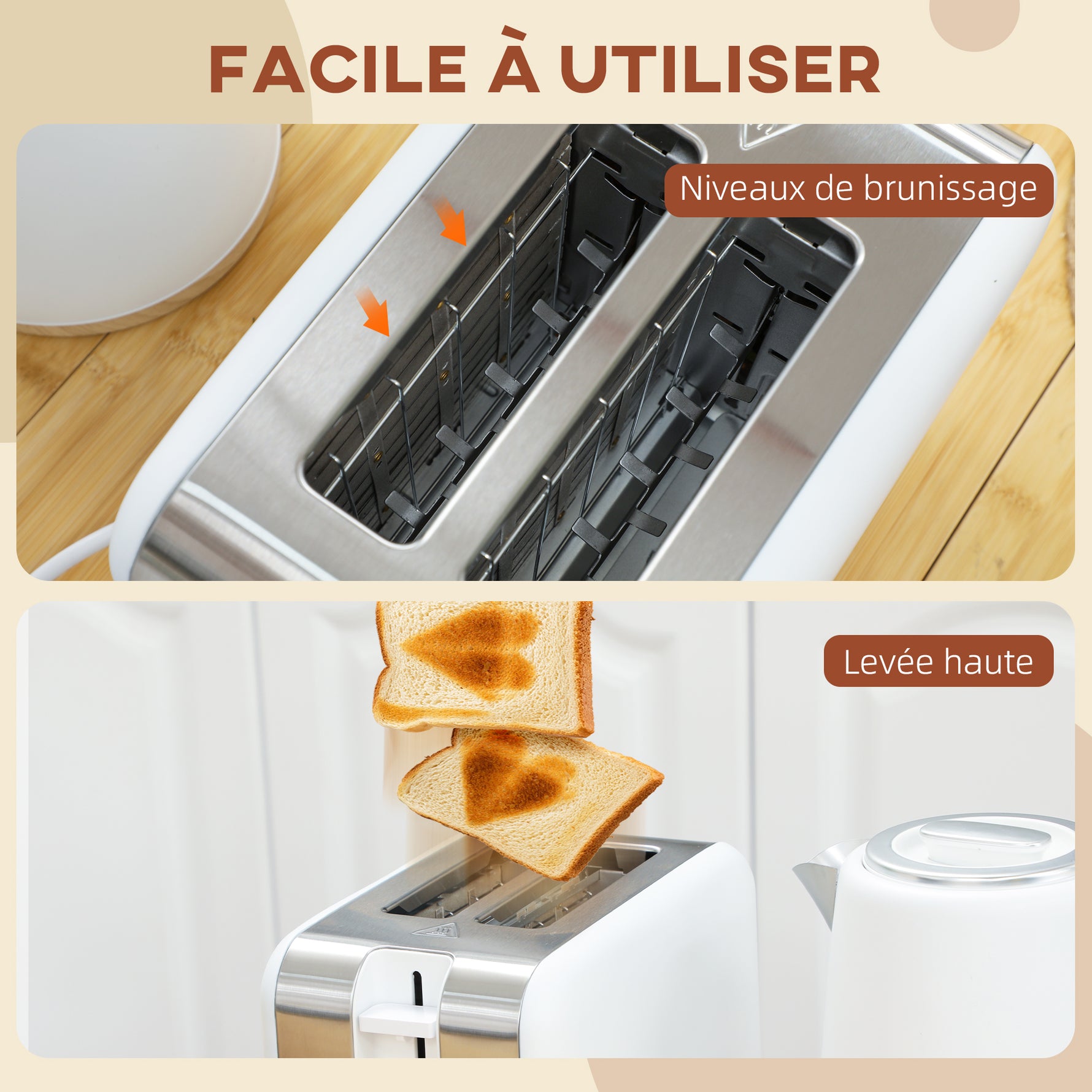 Ensemble bouilloire et grille-pain, 1,7L, 2200W, grille-pain 2 tranches avec 7 niveaux de brunissage, blanc