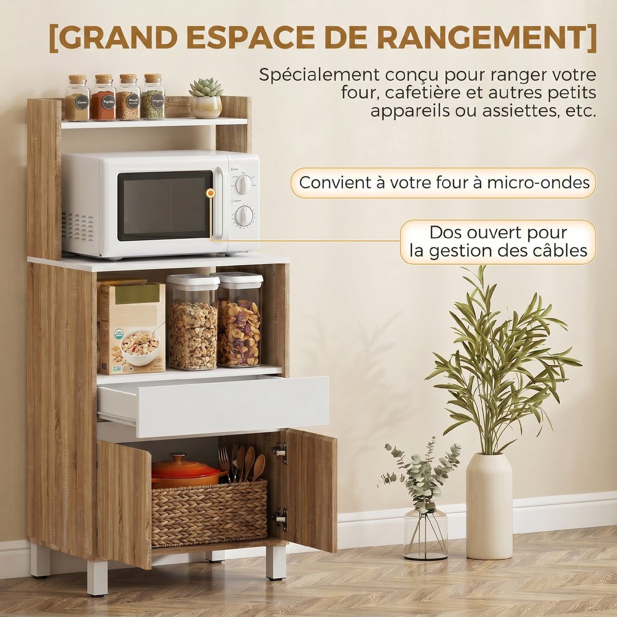 Meuble Micro-Ondes, Buffet Cuisine avec Tiroir, 2 Portes à Fermeture Douce, Plan de Travail et Étagères Ouvertes, Chêne